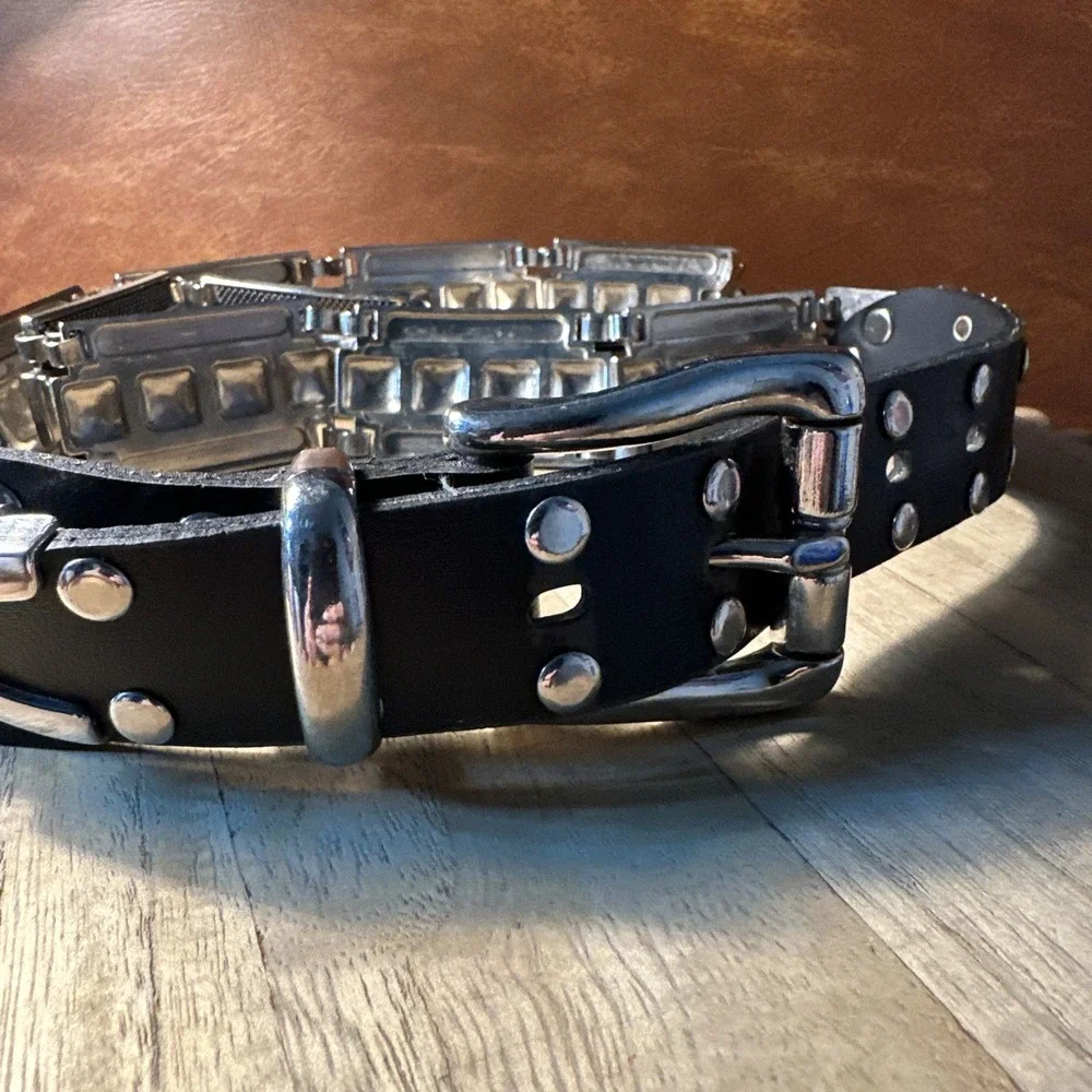 Vintage Stainless Steel & Leather Heavy Metal Leather Punk Goth Belt And Buckle